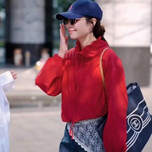 立领红色抽绳短款防晒外套女2025春夏新款时尚百搭速干户外上衣薄
