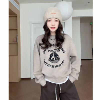 奶泡星球卡通植绒圆领长袖卫衣女2025秋冬新款套头百搭外穿上衣厚