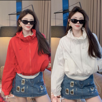 2026春夏新款立领短款抽绳连帽冲锋衣防晒衣显瘦百搭宽松透气外套