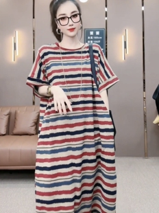 欧货大版条纹彩色连衣裙女2023夏季时尚休闲慵懒短袖开叉T恤裙ins