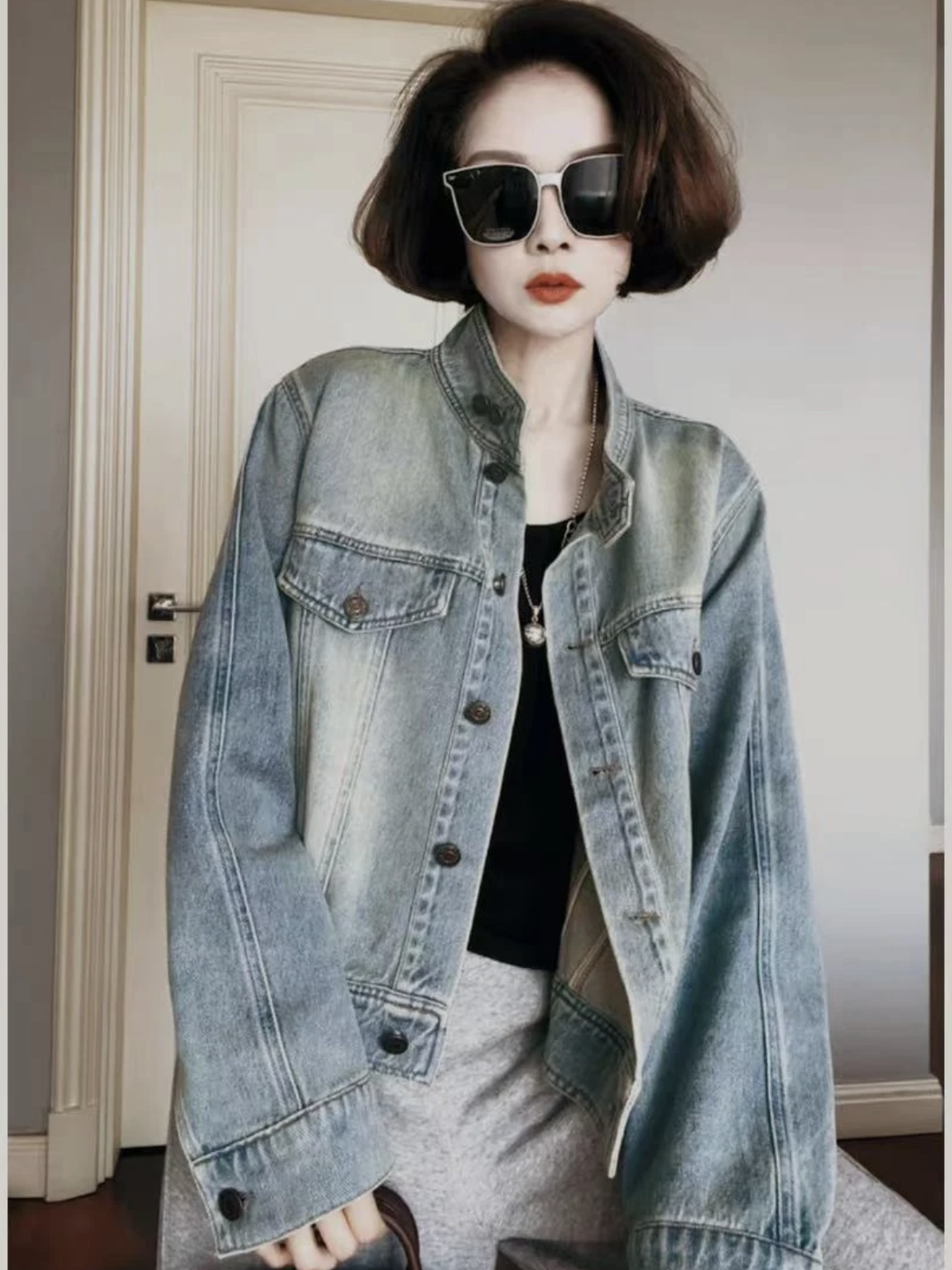 立领浅色洗水牛仔外套女