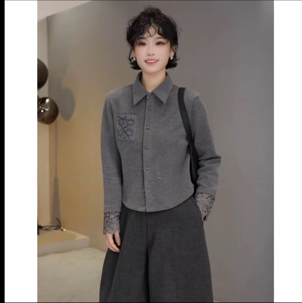 好看钩花单排扣镂空长袖正肩衬衫外套女2025冬季新款时尚百搭上衣