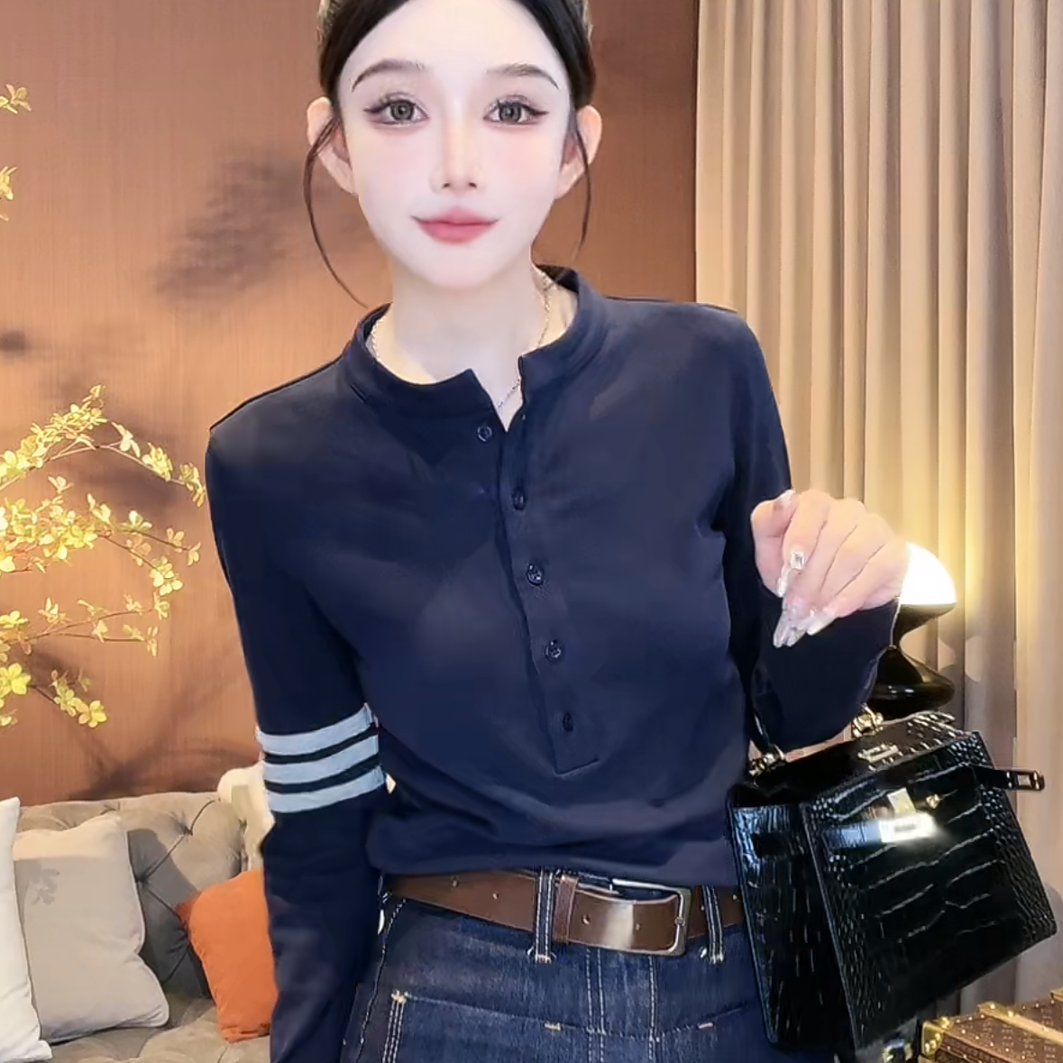 学院立领三条杠长袖打底衫T恤女2024秋冬新款时尚显瘦内搭上衣ins