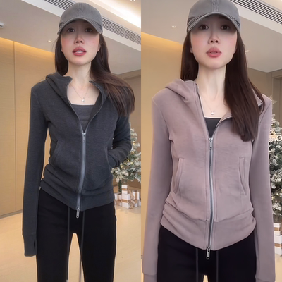 双面德绒拉链连帽运动卫衣外套女2025秋冬新款时尚修身跑步上衣厚