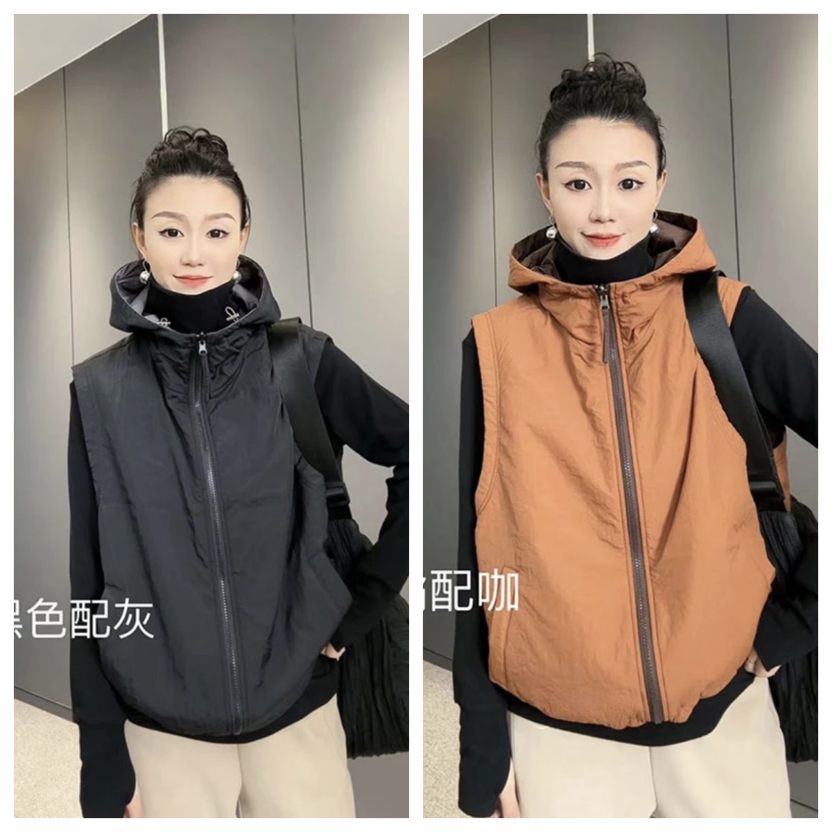 连帽双面穿夹棉马甲女轻薄
