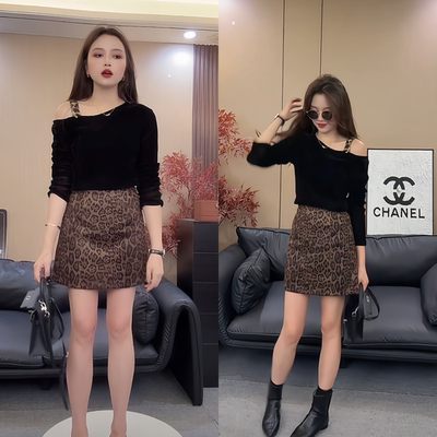 法式好看斜肩豹纹露肩丝绒长袖t恤女装2025秋冬新款气质打底上衣