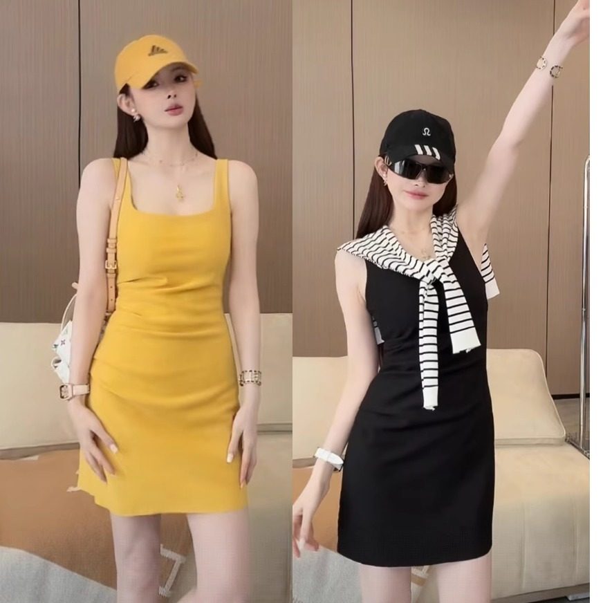 设计感收腰方领背心连衣裙女2025夏季新款修身性感显瘦包臀短裙子