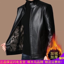 啄木鸟男士外套2025新款皮夹克加绒立领中年海宁皮衣男装商务休闲