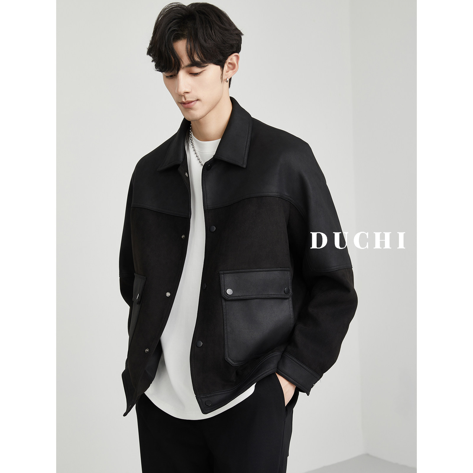 独驰DUCHI 高级pu拼接彷麂皮绒夹克外套男士翻领春秋新款韩版工装