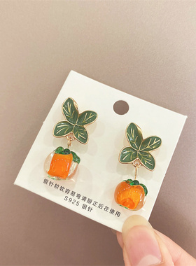 s925银针柿柿如意绿色滴油耳饰耳环时尚简约小众设计感手作耳钉女