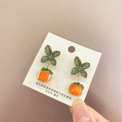 s925银针柿柿如意绿色滴油耳饰耳环时尚简约小众设计感手作耳钉女