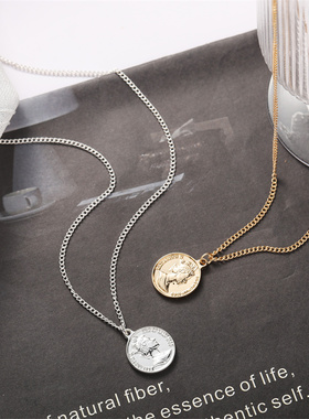 2022欧美复古法式金币女王项链毛衣链时尚简约小众ins人脸锁骨链