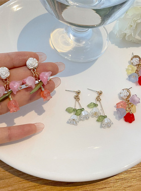 耳饰女高级感夏日清晰撞色花瓣珍珠耳饰耳环韩国设计感闺蜜耳钉女