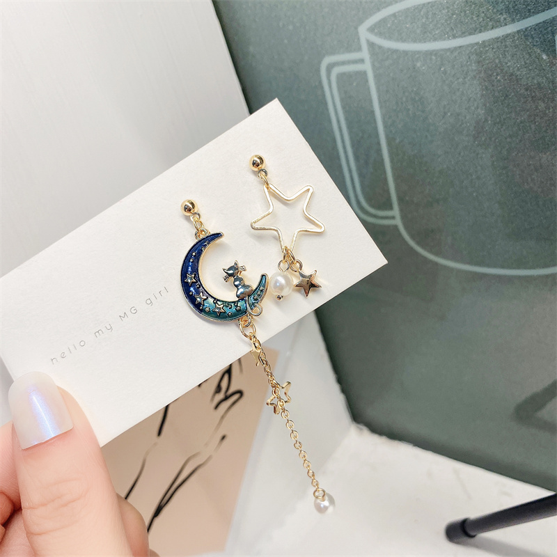 s925银针不对称绿色滴油星月小动物耳饰耳环网红个性女学生耳钉潮