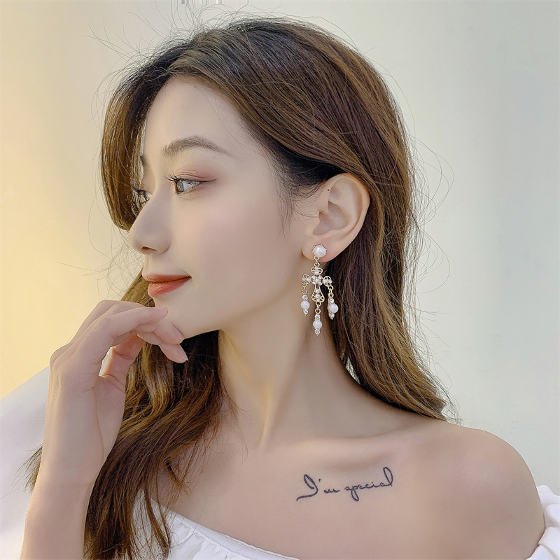 s925银针法式复古轻奢满钻珍珠十字架耳饰耳环时尚简约小众耳钉女