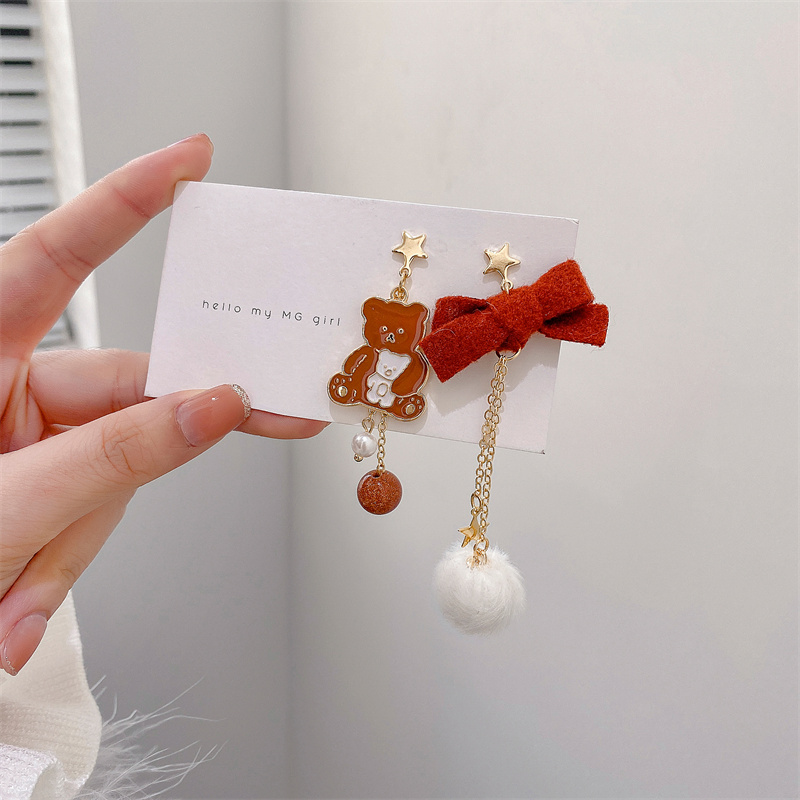 s925银针圣诞节小熊不对称蝴蝶结毛茸茸耳饰耳夹时尚简约清晰耳环