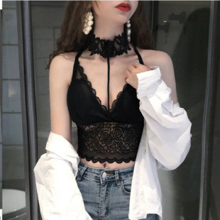 辣妹美背性感纯欲深V蕾丝吊带挂脖背心女内搭带胸垫抹胸打底美背