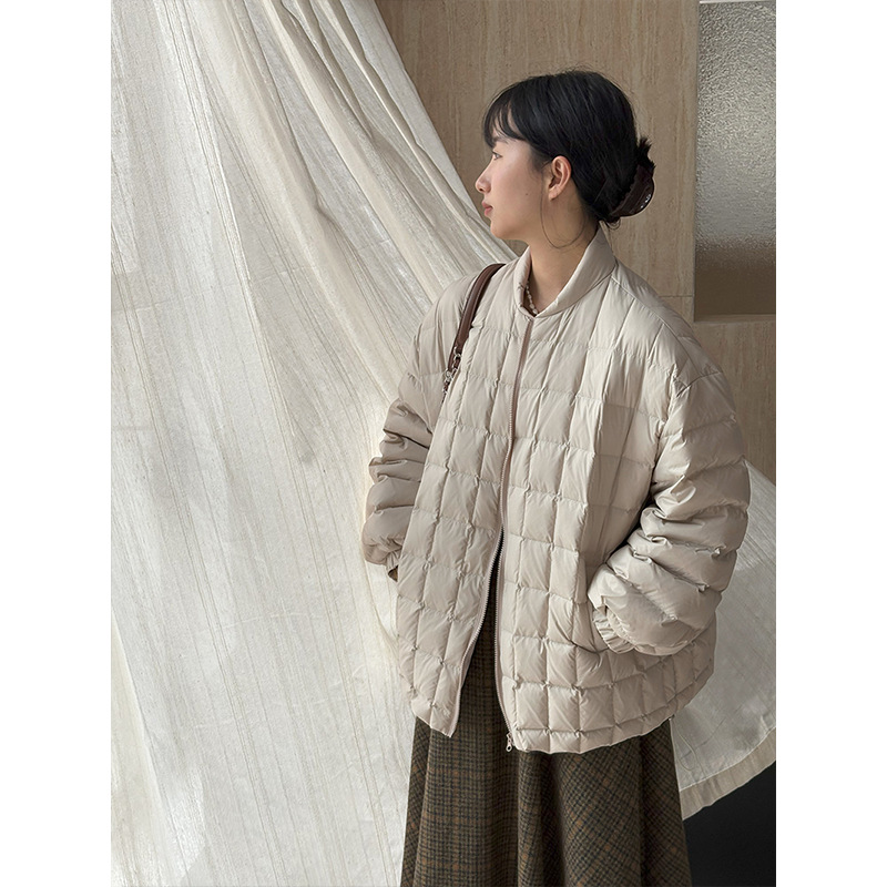 江左灯笼袖韩系设计感方格羽绒服