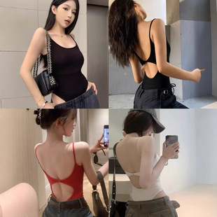 纯欲打底性感黑色上衣潮 欧美辣妹露背吊带红色背心女外穿内搭夏季