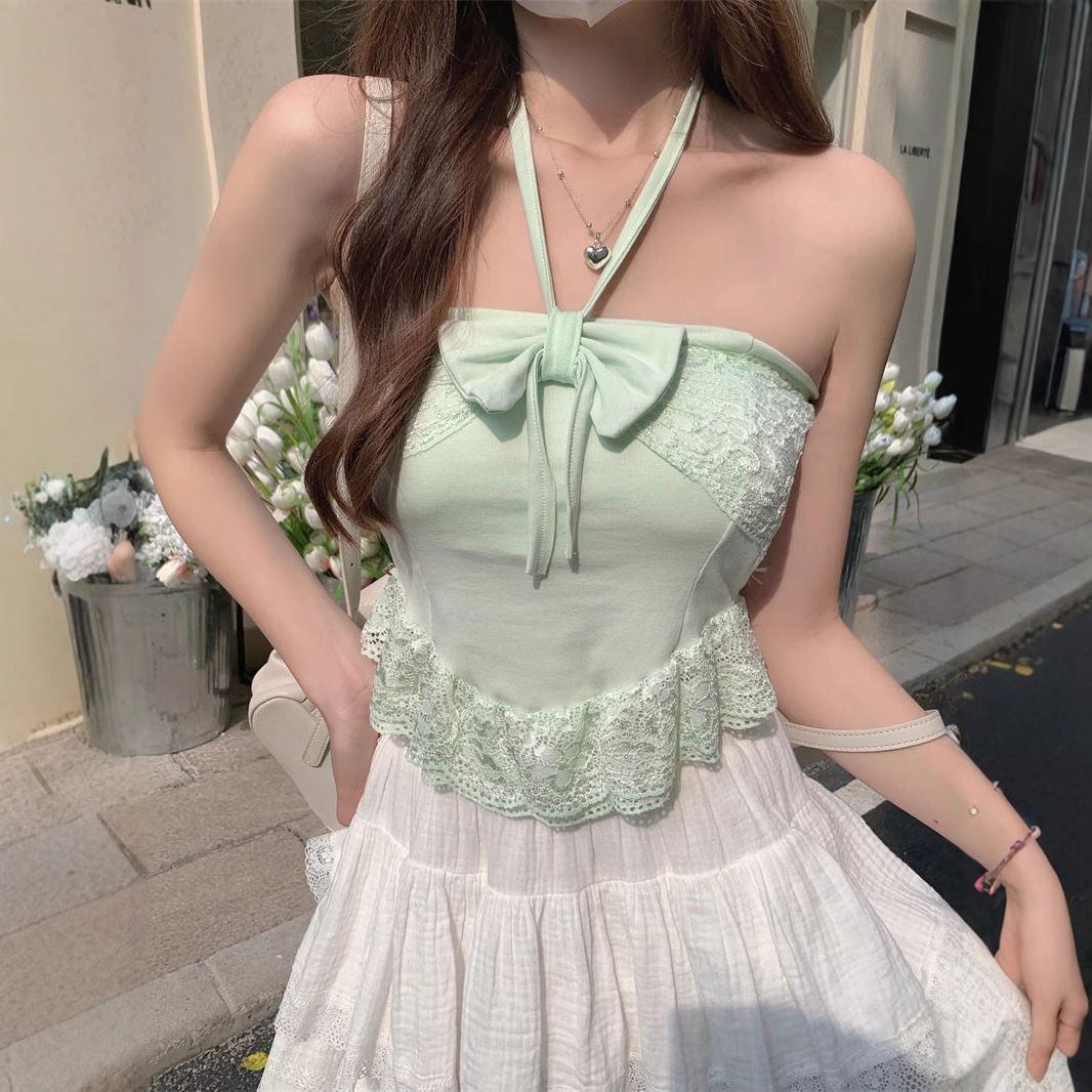蝴蝶结蕾丝点缀挂脖吊带背心女