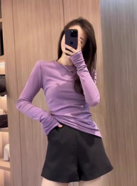 紫色毛衣女春秋薄款圆领修身紧身辣妹纯欲内搭长袖打底针织衫上衣