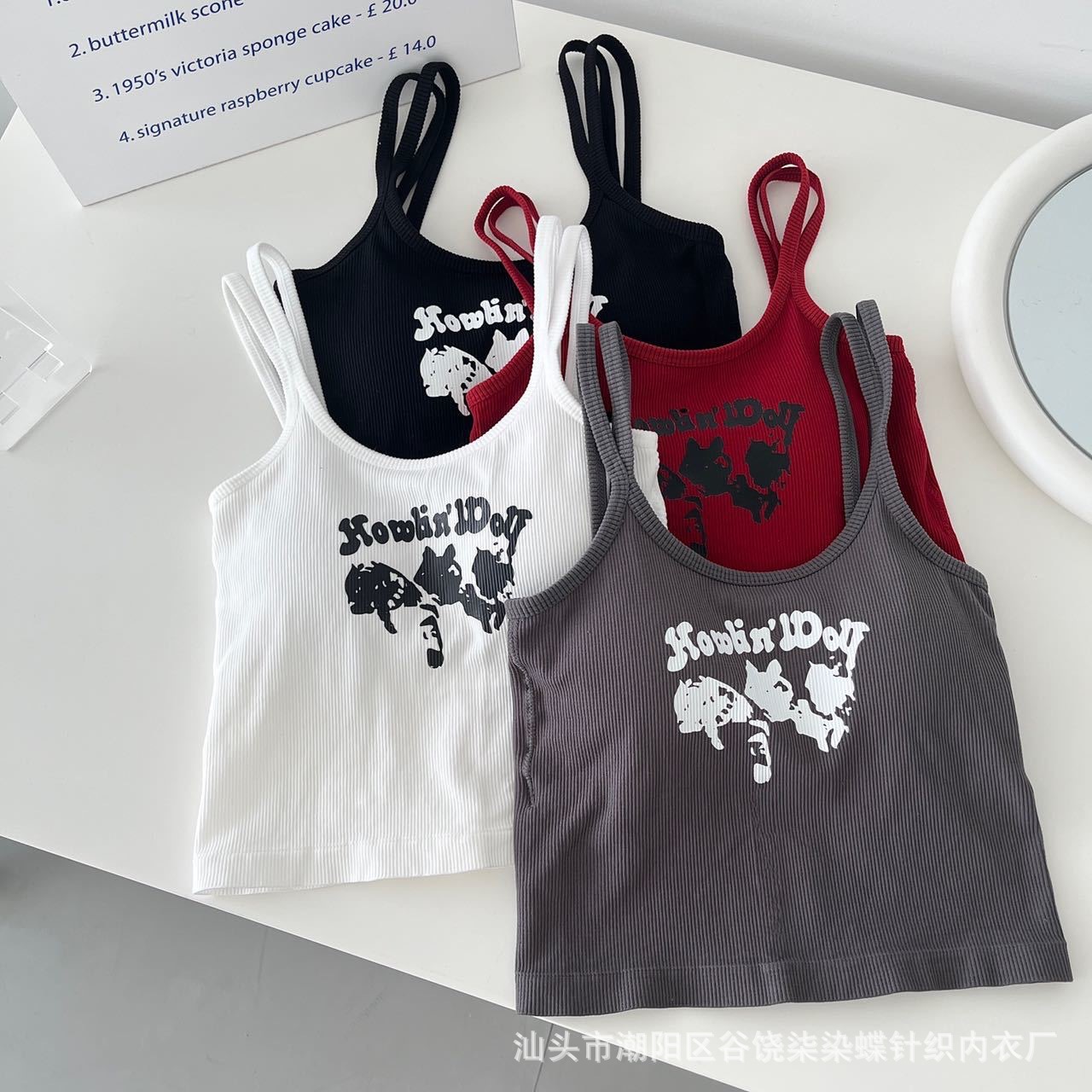 辣妹红色吊带背心女带胸垫内搭外穿修身显瘦印花运动美背打底上衣