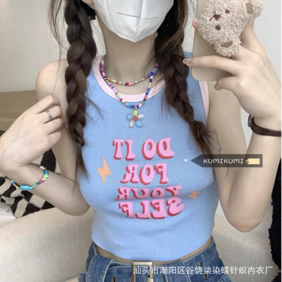带胸垫美式甜辣妹修身短款露脐背心女小众外穿字母印花打底上衣