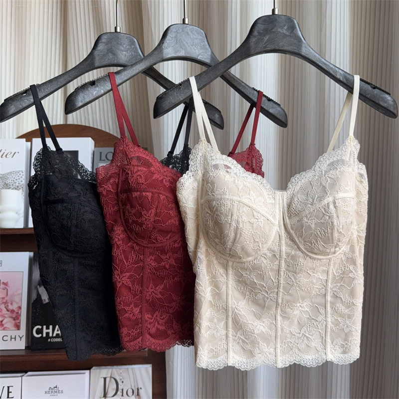 秋冬磨毛法式蕾丝纯欲吊带美背