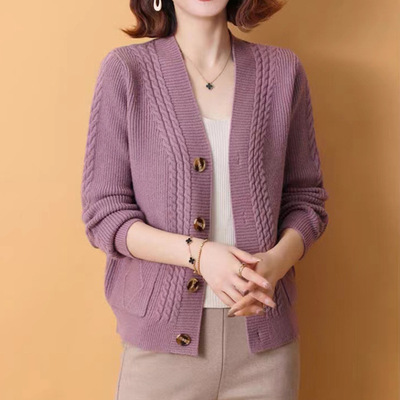 恒源祥毛衣外套女上衣宽松休闲外搭秋冬V领绞花单排扣针织开衫