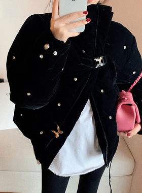 W花花家黑色丝绒白鸭绒外套女重工钉钻立领短款羽绒面包服Alice