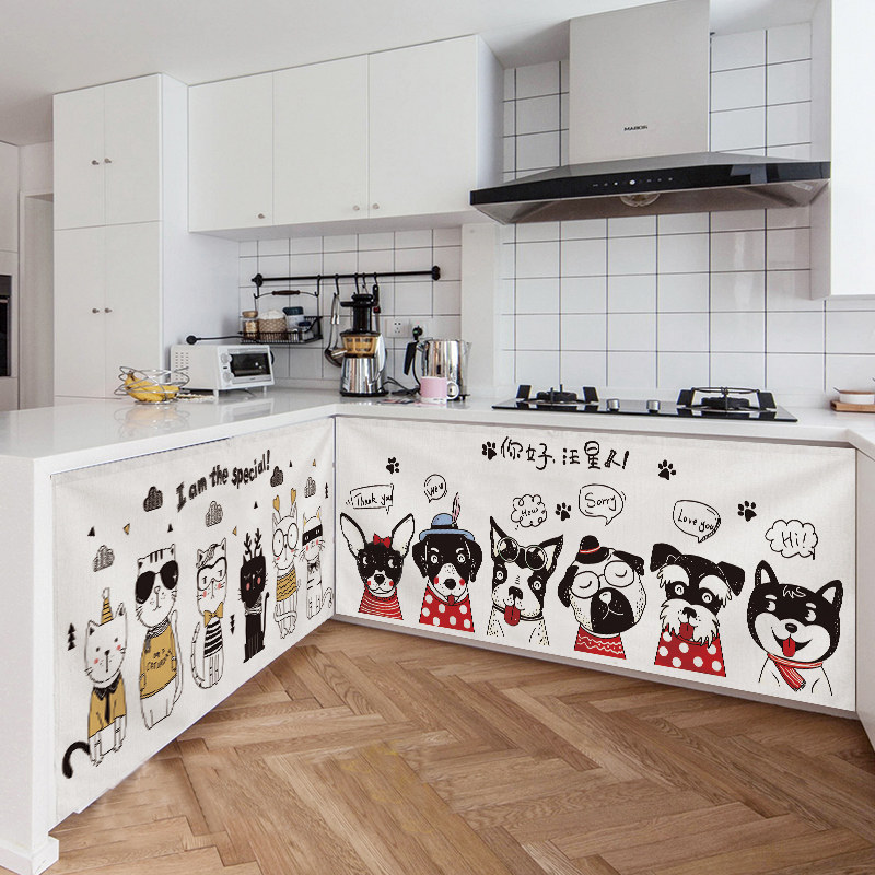 可爱卡通小清晰厨房窗户橱柜遮挡帘布自粘式魔术贴遮丑帘防水防油