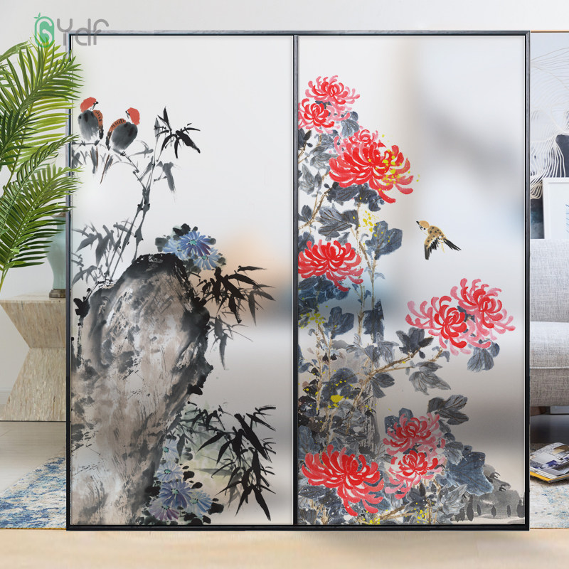 磨砂玻璃贴纸中国风遮光窗户贴膜中国风梅兰竹菊图案移门贴纸客厅