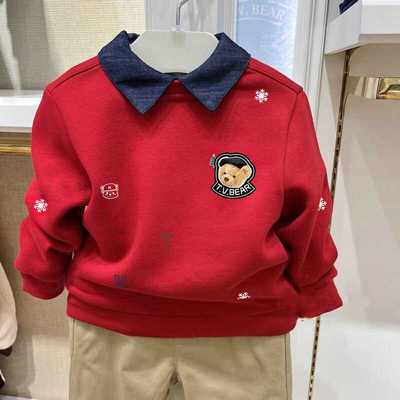 chris童装26秋冬新款男童红色加绒卫衣带领子中大童休闲百搭卫衣