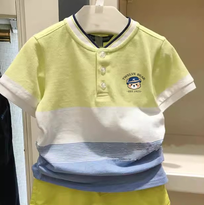 chris童装2026夏季新款男童中大童装撞色棒球领系扣短袖T恤休闲潮