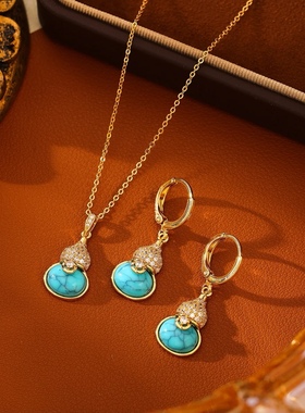 新中式时尚百搭湖蓝色吊坠耳扣女