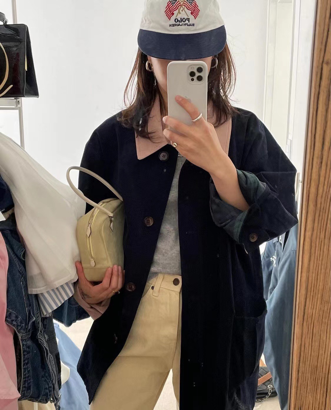 2022秋季韩国新款modest中长版灯芯绒宽松休闲拼接翻领风衣外套