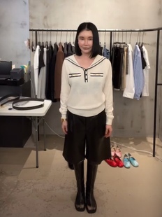 2022韩国秋季新款Helder小香风拼色金属扣翻领海军领针织衫上衣