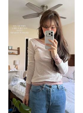 2026春夏季新款韩国设计师fl*tta小清新碎花长袖打底叠穿T恤