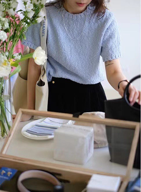 韩国东大门22秋季新款modest mood 肌理感套头打底短袖针织衫上衣