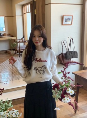 现 2025冬季新款韩国设计师fol*ua可爱小马提花圆领针织毛衣