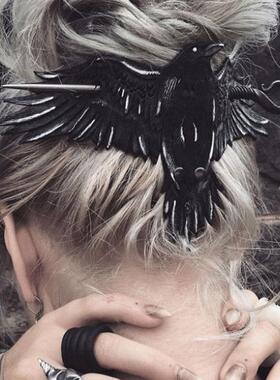 黑乌鸦发夹发簪金属头饰动物造型Hairpin with a Black Raven跨境