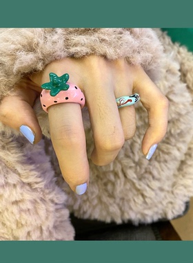 greenxia新品草莓水果女式戒指