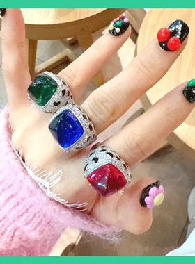 日韩卡通可爱少女原创新款闪粉彩色豹子大糖塔甜美戒指宝石