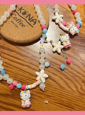 日韩卡通可爱少女原创新款个性彩色糖果甜美猫咪项链三件套