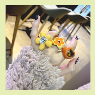 韩国夸张个性宝石爱心花朵戒指女