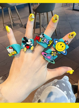 卡通可爱彩色方形戒指女少女心米奇HelloKitty动漫开口戒指