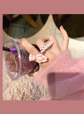 新品精致小熊粉色戒指女可爱