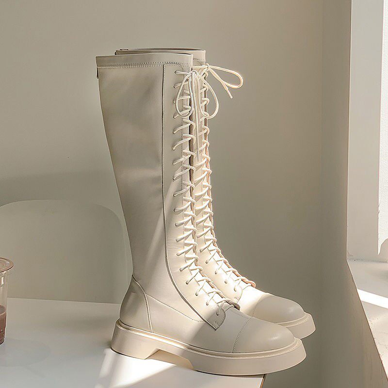 平底长靴女不过膝真皮骑士靴白色内增高系带小个子显瘦高筒机车靴