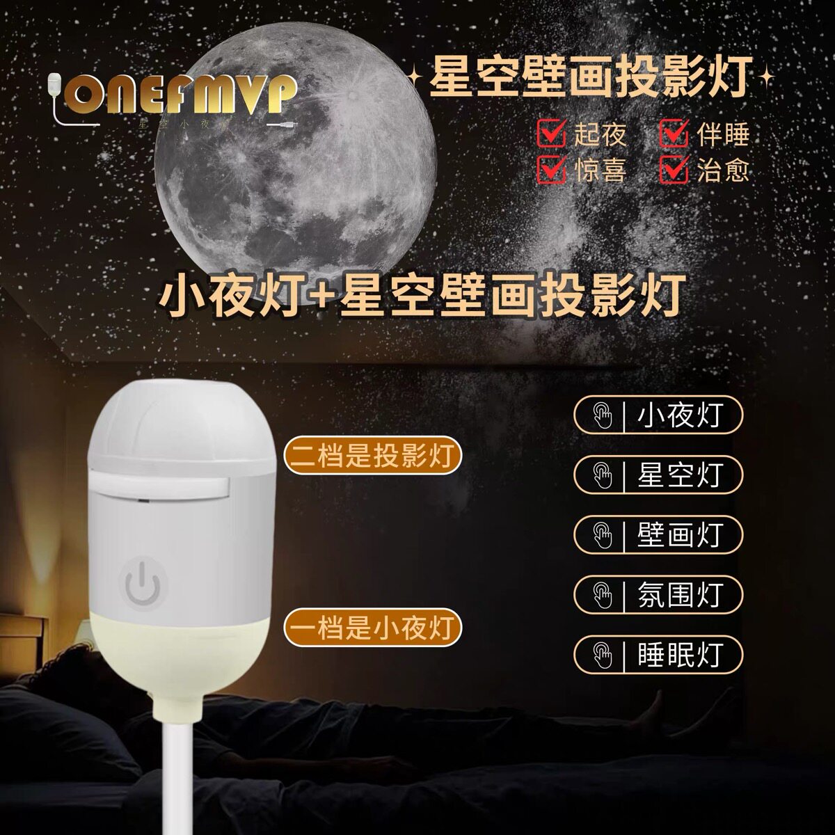 【2026全新爆款】星空USB小夜灯床头灯月球投影氛围灯浪漫