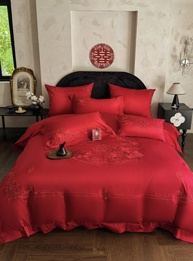 LOVE高端婚庆140支长绒棉四件套结婚红色喜被被套床单铺床高级感